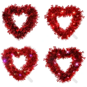 LED Lights Valentine Day Decoration Red Heart Shaped Wreath Garland Happy Metallic Tinsel Heart Wedding Party Pendants Ornaments