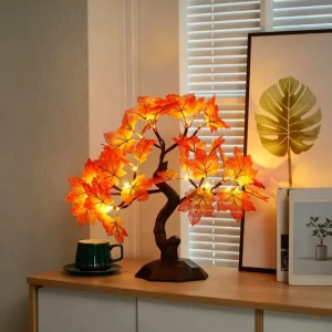 LED Maple Tree Table Lamp USB Battery Powered Autumn Maple Leaf Night Light for Thanksgiving Home Bedroom Desktop Decor Gift