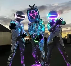 LED Mirror Robot Costume Disco Suit with Glowing Helmet for Stage Show Nightclub Bar Performance Festival Parade Cosplay Outfit