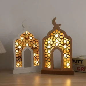 LED Night Tabletop Decoration Wood Eid Mubarak Ramadan Moon Star Lamp Lantern for Home Islamic Muslim Holiday