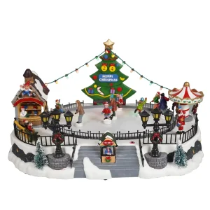 LED Resin Christmas Village Ornament with Ice Skating Rink and Music