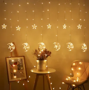LED Star Moon Snowflake Curtain Lights Window Hanging Lights for Christmas Bedroom Wedding Holiday Decoration