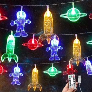LED Starry Sky Style Glowing String Lights Astronaut Spaceship Rocket Holiday Party Kids’ Room Garden Nursery Decorative Light