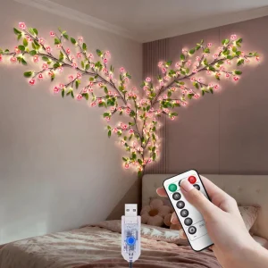 LED Warm White Flower Fairy Vine String Lights for Indoor Christmas Wall Decoration with Tree Branches Rechargeable Dimmable