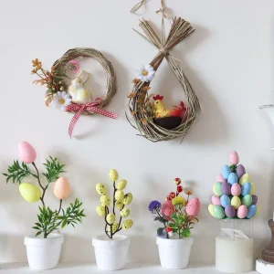 LO 1243 Multi Style Easter Decor Set Pastel Egg Wreath Mini Egg Tree & Bunny Rattan Wreath for Wall Hanging Ornament