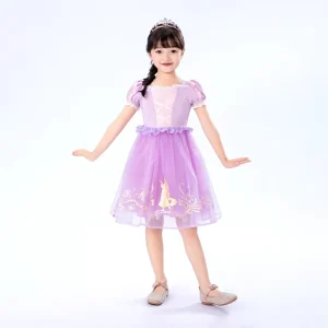 Lace Accent Puff Sleeve Airy Texture Princess Christmas Girls Purple Gown for Party Events