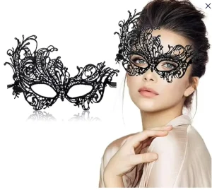 Lady’s Black Lace Hollow Face Sexy Venetian Masquerade Ball Halloween Party Fancy Dress Costume Eye Props Made Metal PVC Prom
