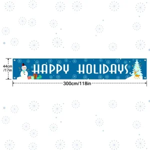 Large 118in*17in Polyester Portable Happy Holiday Banner Indoor Outdoor Winter Holiday Party Decor Christmas Backdrop Yard Sign