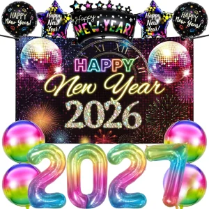 Large New Year Decoration Set Neon Light Happy New Year Party Supplies Banner Rainbow 4D Star Foil Balloon Disco Gold Black