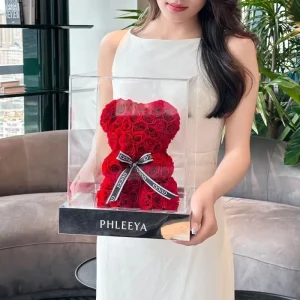 Large Preserved Rose Teddy Bear in Acrylic Case Romantic Gift for Anniversary & Birthday