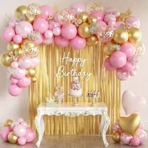 Latex Balloon Garland with Banner Fringe Curtain Set for Women’s Birthday Party Decor