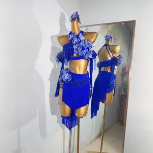 Latin Dance Costumes Professional Performance Costumes Gorgeous Floral Performance Costumes Fringe Girls Competition Costumes