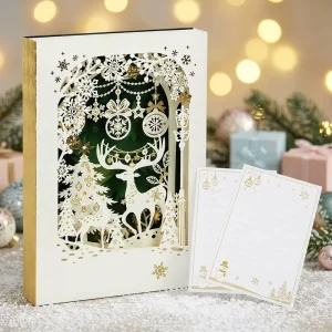 Layered Paper Reindeer Christmas Card 3D Cut out Snowy Holiday Card Writable Pages Handmade Decoration Customizable Size Factory
