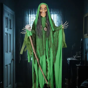 Life-Size Standing Witch Creepy Halloween Decoration with Wand Flashing Eyes & Spooky Sounds for Haunted House Parties Bar
