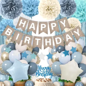 Light Blue Birthday Decor Grey Blue Sand Foil Balloons Banner Tassel Curtain Poms Party Boy Girl