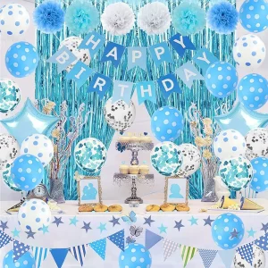 Light Blue Birthday Decorations Happy Birthday Banner Confetti Balloons Foil Curtain Happy Birthday Party Supplies Blue