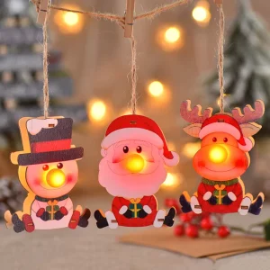 Light Up Wooden Christmas Ornament Set Santa Snowman and Reindeer LED Hanging Decorations for Christmas Tree