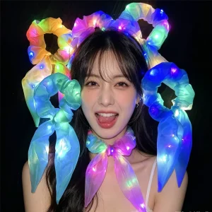 Light up Scrunchies Bunny Ear Ponytail Neon Ties Glowing Rave Slumber Carnival Birthday Party Favor Supplies LED Hair Scrunchy