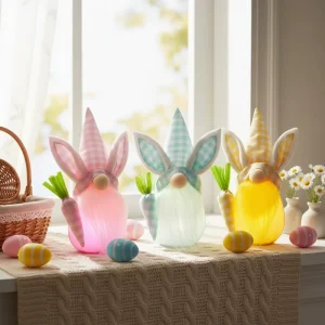 Lighted Easter Bunny Gnomes Set LED Glowing Gingham Hat Rabbit Ears Carrot Scandinavian Tomte Plush Elf Spring Decor