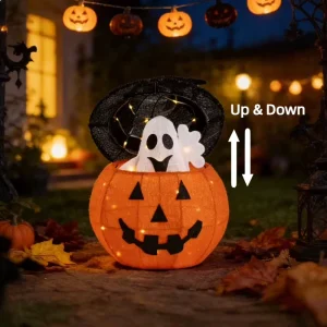 Lighted Halloween White Ghost Pumpkin Up and Down Outdoor Decorations Yard Motif Light Decor for Holiday