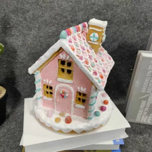 Lighted Pink Resin Gingerbread House Figurine