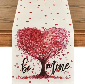Linen Heart Valentine’s Day Table Runner Valentine Anniversary Seasonal Wedding Kitchen Dining Home Table Decoration