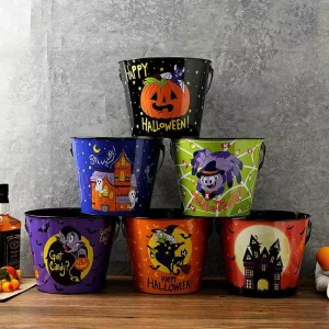 Linye Halloween Witch Bats Graphic Cute Cartoon Hand held Pumpkin Iron Bucket Children’s Trick or Treat Candy Decoration