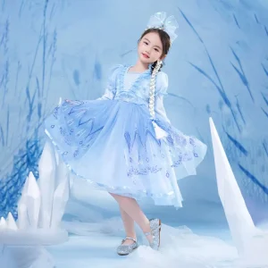 Long Sleeve Tulle Dresses Girls Azure Princess Costume Set Customized Color for New Year Festival Party