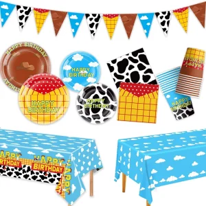 Low MOQ Cowboy Cowprint Party Tableware Set Blue Yellow Plates Cups Napkins Tablecloth for Kids Birthday & Baby Shower