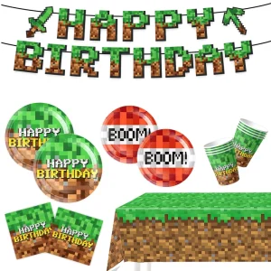 Low MOQ Custom Modern Pixelated Grass Block Paper Tableware Set Food Grade Eco Friendly for Thanksgiving Kids Gaming Birthday