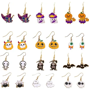 Lowosaiwor Halloween Bat Pumpkin Skeleton Cute Funny Horror Eyeball Oil Drop Ghost Alloy Earrings Women’s Model E1643 7