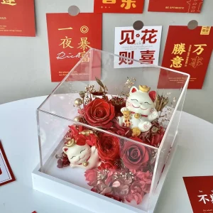 Lucky Fortune Cats Acrylic Gift Box with Forever Preserved Eternal Rose Valentine’s Day & Christmas Graduation Decor