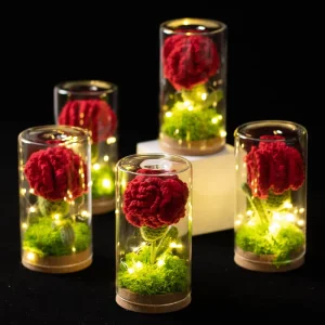 Luminous Lamp Carnation Potted Crochet Flower Glass Lamp Shade Eternal Flower Home Decoration Thanksgiving Mother’s Day Gift