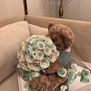 Luxurious Bear Hugging Roses Eternal Preserved Roses Acrylic Gift Box for Home Decoration Valentine’s Day Elegant Decor