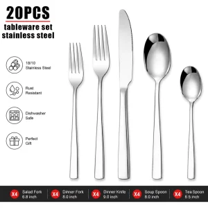Luxury 20PCS Stainless Steel Mirror Polish Silverware Cutlery Set Dishwasher Safe Tableware for Home Restaurant Cutlery Set