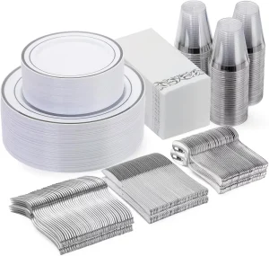 Luxury 350pcs Disposable Tableware Set Silver Rim BPA Free Plastic Plates Cups Heavy Duty Cutlery for Hotels Wedding