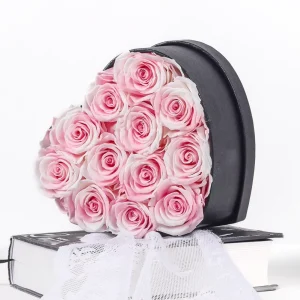 Luxury Bicolor Preserved Rose Heart Box Standing Black Gift Box Real Eternal Flower for Wedding Decor Anniversary Quiet Luxury