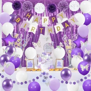 Luxury Birthday Decoration Set Happy Birthday Banner Purple Gold Balloons Crown Heart Star Foil Balloon Curtain