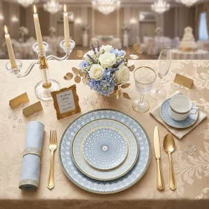 Luxury Blue Porcelain Dinnerware Set Real Gold Rim Bone China Wedding Tableware Swan Logo Palace Ceramic Plate Bowl Set