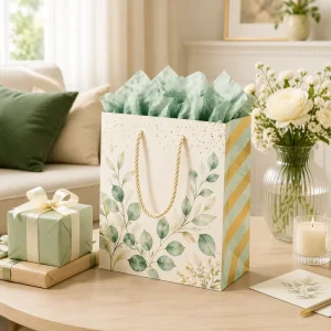Luxury Botanical Paper Gift Bag Gold Foil Leaves Rope Handle Elegant Shopping Bag For Wedding Birthday Party Favor Packaging