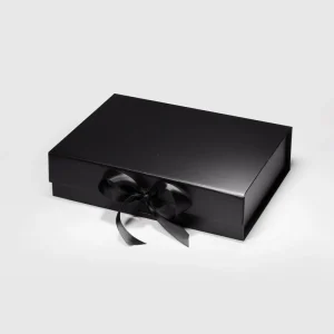 Luxury Cardboard Black Shallow Foldable Hamper Gift Presentation Box With Ribbon