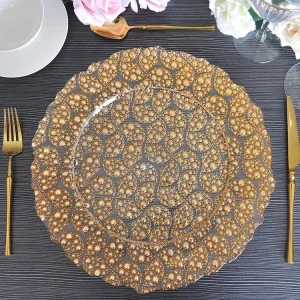 Luxury Gold Beaded Lace Glass Charger Plate 13 Inch Embossed Clear Glass Underplate for Wedding Hotel and Event