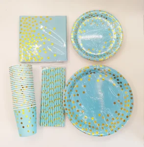 Luxury Gold Foil Polka Dot Disposable Party Tableware Set 10 Person Kit with Plates, Cups, Napkins Cutlery for Birthday Wedding