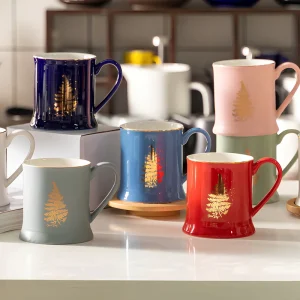 Luxury Gold Rim Ceramic Mug Set With Tree Pattern for Coffee Tea Home Office Gift