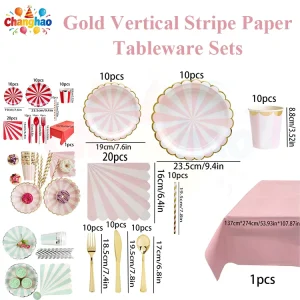 Luxury Gold Vertical Stripes Biodegradable Disposable Paper Plates for Birthday Party Dessert Cake Home & Banquet Use