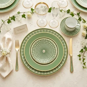 Luxury Green Porcelain Dinnerware Set Real Gold Rim Bone China Wedding Tableware Swan Logo Palace Ceramic Plate Bowl Set