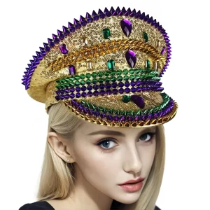 Luxury Handmade LED Rhinestone Sequin Punk Captain Hat for Burning Man Music Festival Costume Accessory