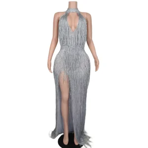 Luxury Hollow Out Tassel Dinner Gown Evening Dress Ladies Bodycon Birthday Party Long Dress Women High Slit Banquet Prom Dress