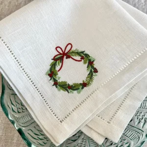 Luxury Modern Disposable Christmas Wreath Embroidered Linen Placemats Square Table Mat Festive Border Holiday Banquet