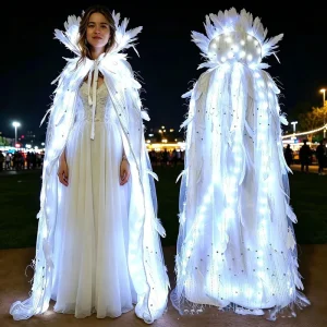 Luxury Party Women Luminous White Feather Sequin LED Cape Glowing Angel Cloak Halloween Festival Costume